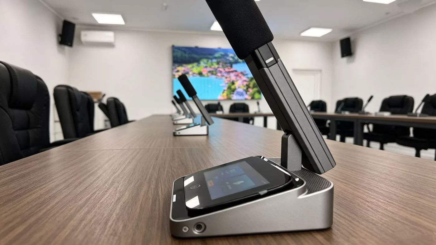 Unitate de conferință wireless integral digitală, cu microfon pe braț flexibil